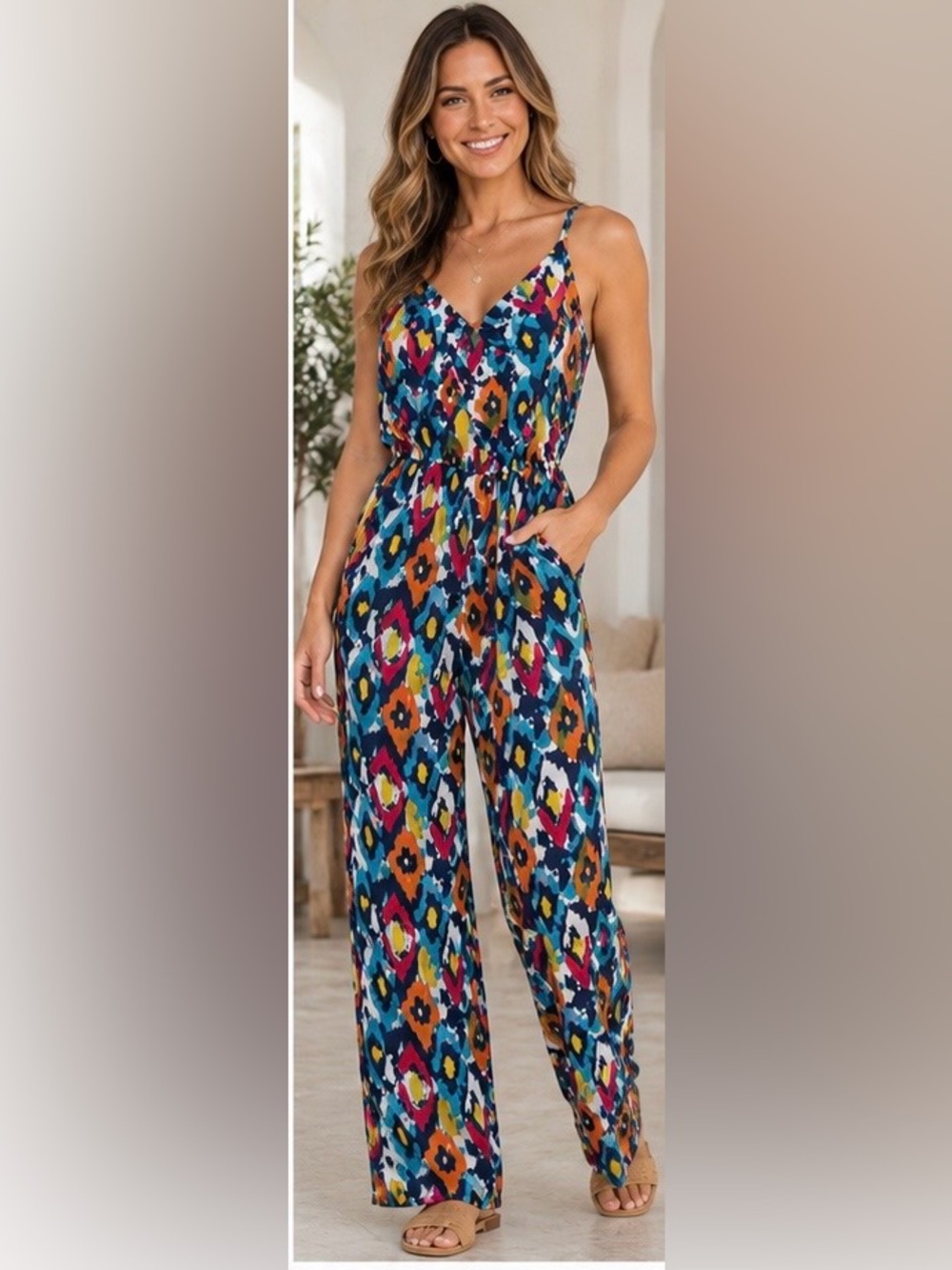 Emily Wonder Colorful Abstract Print Full Length Jumpsuit NWT
